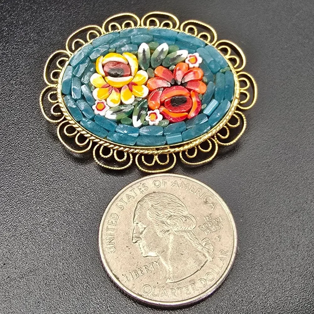 Italian Micro Mosaic Flower Brooch Blue Red Yellow Vintage Jewelry